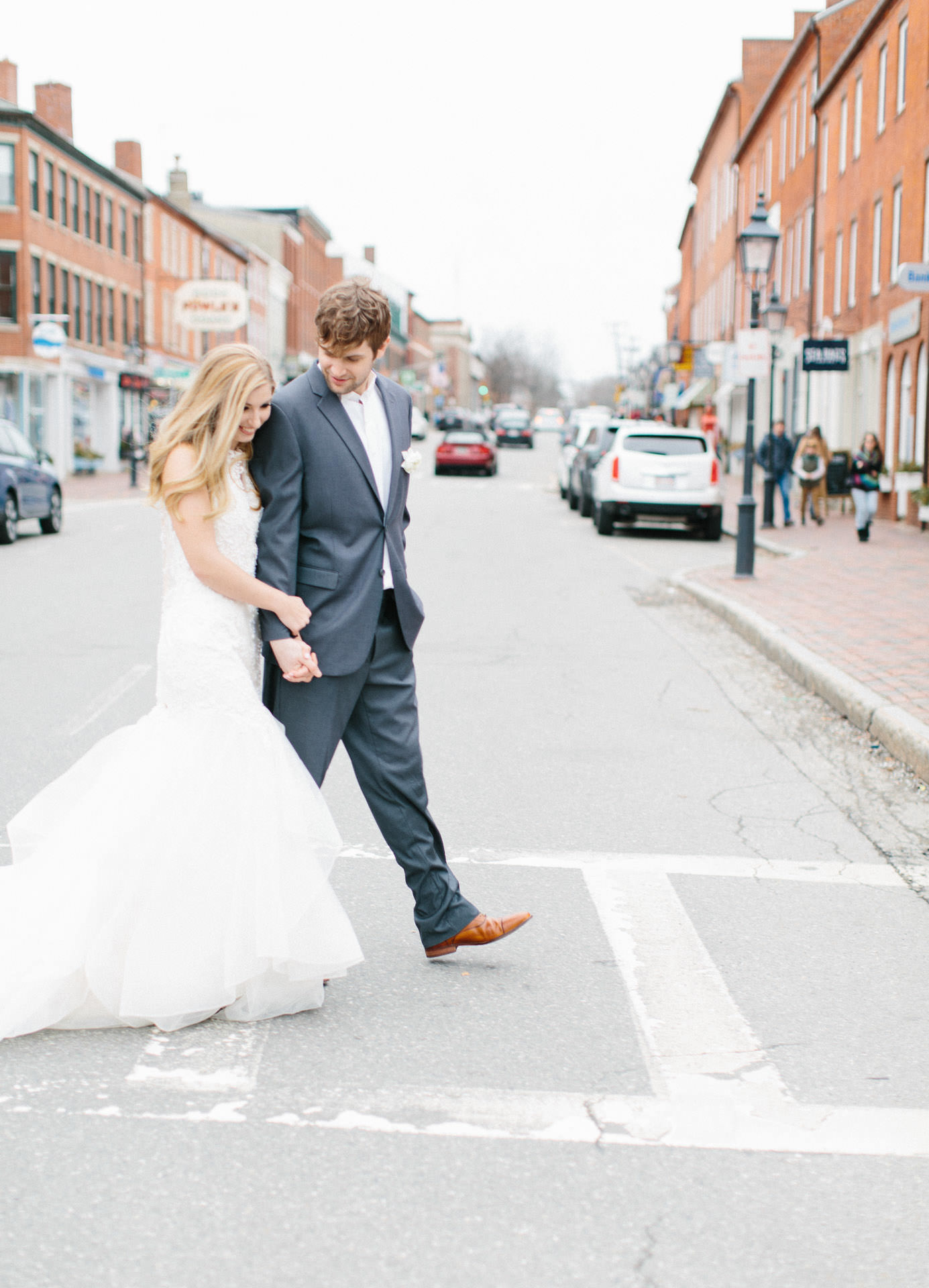 Bride and Groom walking down the street in Newburyport, MA