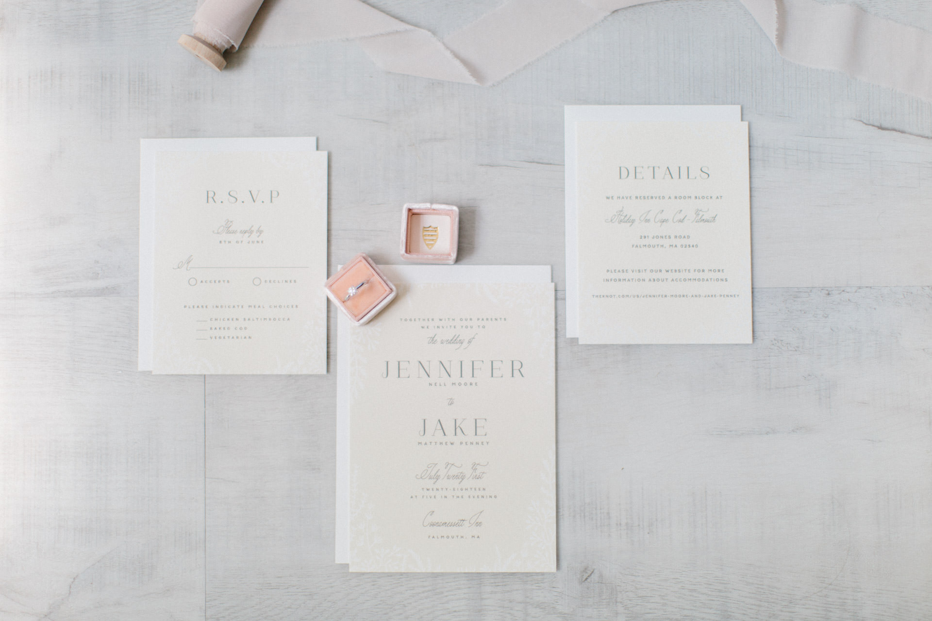 Invitation and RSVP for a wedding at The Coonamessett Inn in Falmouth, MA